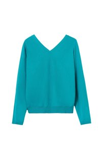 Top lungo turchese a maniche lunghe con scollatura a V, realizzato in tessuto morbido. Presenta un taglio dritto e un orlo a costine, mettendo in mostra un design minimale.