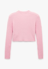 Rosa, geripptes Crop-Sweater mit langen Ärmeln und rundem Ausschnitt. Hat eine weiche Textur und eine figurbetonte Silhouette.