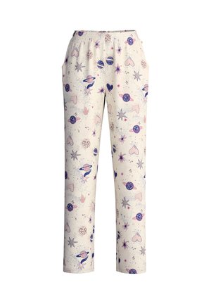 Pantaloni lounge in cotone con uno sfondo crema che presenta motivi colorati a tema spaziale, tra cui pianeti, stelle e cuori. Vita elastica.