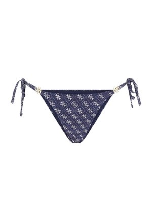 Donkerblauwe bikinibroek met wit elkaar overlappend logopatroon, goudkleurige ringen aan de zijkanten en verstelbare zijstriksluitingen.