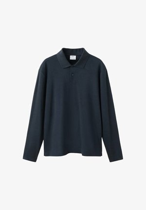 Polo de manga larga en azul marino oscuro, confeccionado con una mezcla de algodón, que presenta un cuello clásico, una tapeta con un solo botón y un ajuste relajado.
