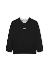 Felpa nera in cotone, con scollo rotondo e maniche lunghe. Logo "DKNY" in bianco stampato davanti. Polsini e orlo a costine.