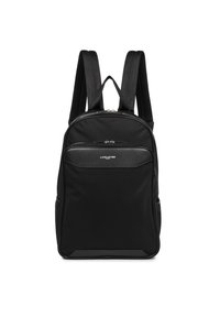 Sac à dos noir avec un extérieur en tissu lisse, deux bretelles réglables, fermeture zippée sur le dessus et une poche avant avec un panneau texturé.