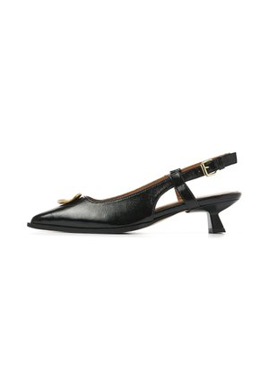 Black leather slingback kitten heel shoe with pointed toe, gold buckle strap, and decorative gold accent on front.