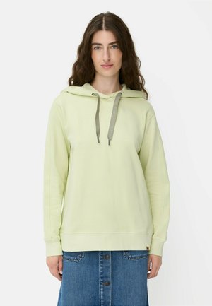 Lichtgroene hoodie met een trekkoordcapuchon en ribgebreide manchetten, met een relaxte pasvorm en een gladde textuur, gecombineerd met een spijkerrok.