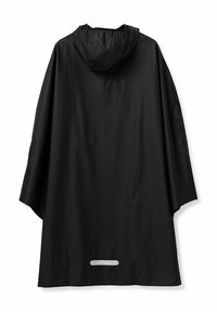 Svart vattentät poncho med huva, vida ärmar och en reflekterande detalj längst ner. Slät textur, lös passform och minimalistisk design.