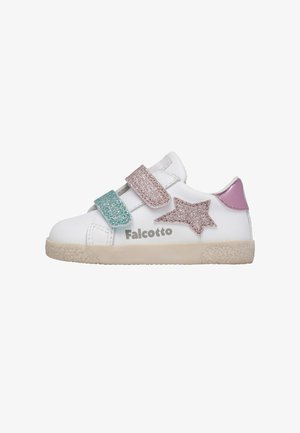 Weißer Sneaker mit glitzernden Akzenten, ausgestattet mit türkisfarbenen und rosa Klettverschlüssen, einer pinken Fersenschlaufe und einem Stern-Dekor an der Seite.