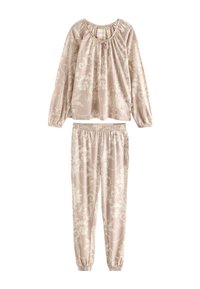 Sada pohodlného oblečení v světle béžové barvě s květinovým vzorem, elastickými manžetami na dlouhém rukávu a kalhotách, nařaseným v�ýstřihem a elastickým pasem.