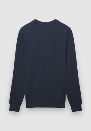 Marineblauer Pullover mit langen Ärmeln und Rundhalsausschnitt. Glatte Textur, gerippte Bündchen und Saum. Keine sichtbaren Muster oder Grafiken.