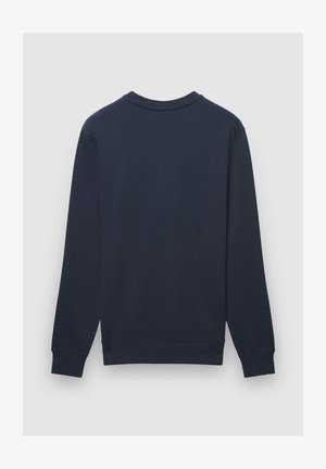 Felpa blu navy con maniche lunghe e scollo rotondo. Tessuto liscio, polsini e orlo a coste. Nessun motivo o grafica visibile.