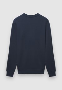 Felpa blu navy con maniche lunghe e scollo rotondo. Tessuto liscio, polsini e orlo a coste. Nessun motivo o grafica visibile.