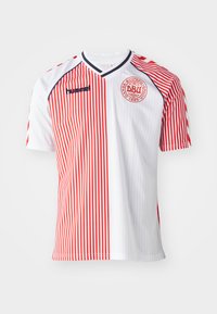 Red and white striped short-sleeve jersey with a V-neck design, featuring logo on the chest and contrasting blue accents on shoulders.