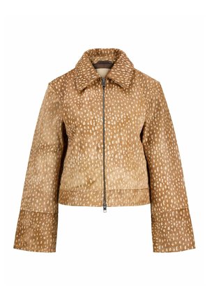 Veste zippée marron avec motif tacheté crème clair, col large et manches longues sur fond blanc.