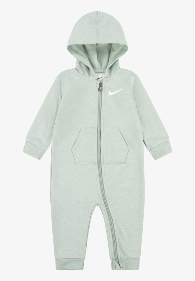 Šviesiai žalia kaukėnė iš minkštos medžiagos, su priekiniais užtrauktukais ir kengūros kišenėmis, su baltu Nike logotipu ant krūtinės.