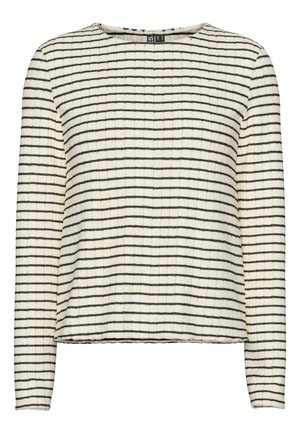 Langsleeve top in een textuur van crèmekleurige stof met smalle zwarte horizontale strepen, met een ronde halslijn en een rechte zoom.