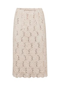 Spitzen-Bleistiftrock in sanftem Beige mit floralen Mustern und Paillettenakzenten. Verfügt über einen gewellten Saum und einen elastischen Bund für zusätzlichen Komfort.