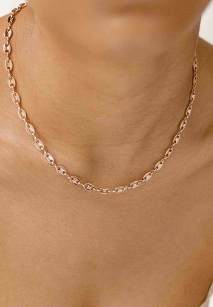 Halskette aus Roségold mit länglichen ovalen Gliedern und einer glatten, polierten Oberfläche. Akzente sind kleine kugelförmige Perlen zwischen den Gliedern.