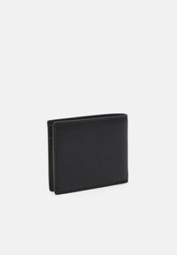 Black leather wallet with a smooth texture, rectangular shape, and stitched edges. Minimalist design with no visible hardware or patterns.