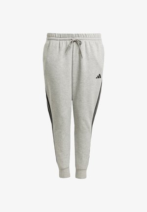 Grå sweatpants med snoretræk i taljen, tætsiddende ben, sorte sidelommer og et Adidas-logo på venstre lår. Fremstillet af blødt stof.