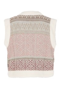 Ärmlös väst med en mjuk, texturerad vit fleecekrage. Har ett geometriskt mönster i rosa, beige och brunt på en krämfärgad bakgrund.