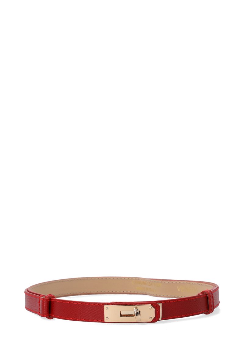 Red leather belt with a smooth texture, featuring a gold-tone metal buckle and rectangular clasp, designed with minimalist accents.
