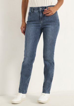 Höga blå denimjeans med smal passform, med fem fickor, kontrasterande sömmar och knappstängning. Tyget har en slät yta.
