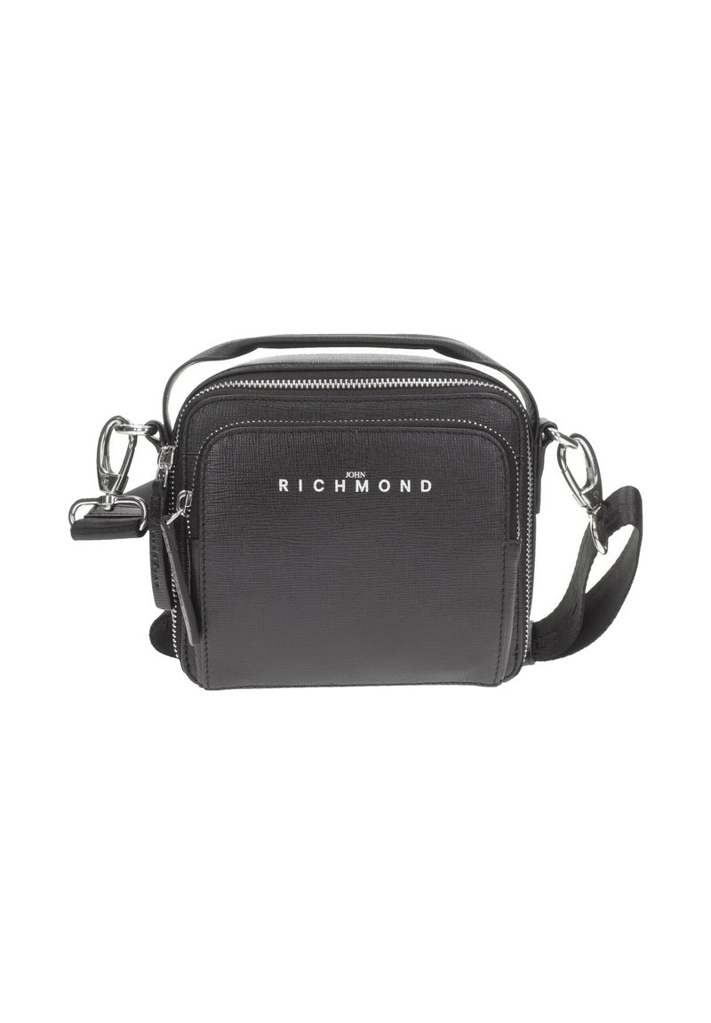 Borsa a tracolla nera realizzata in materiale strutturato, con chiusura a zip, tracolla regolabile e dettagli in metallo argentato.