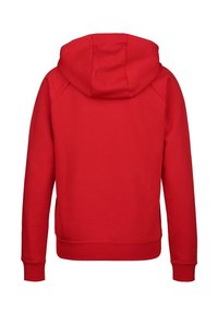 Sweat à capuche rouge à manches longues avec une grande capuche et des poignets côtelés, vu de dos sur un fond blanc.