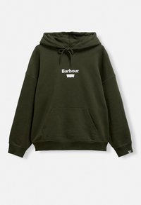 Sweat à capuche vert foncé avec poche avant, capuche réglable par cordon et logo "Barbour" imprimé en blanc sur la poitrine.