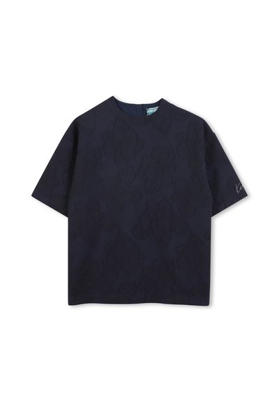 Marineblauw T-shirt met korte mouwen, subtiele bloemborduursels en een ronde halslijn, met een rits aan de achterkant en een klein geborduurd logo op de mouw.