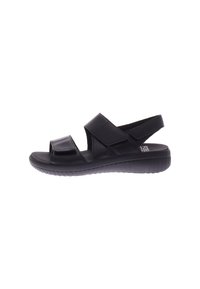 Black sandals with a smooth synthetic upper, two adjustable straps, an open toe, and a cushioned sole for comfort. Lightweight design.