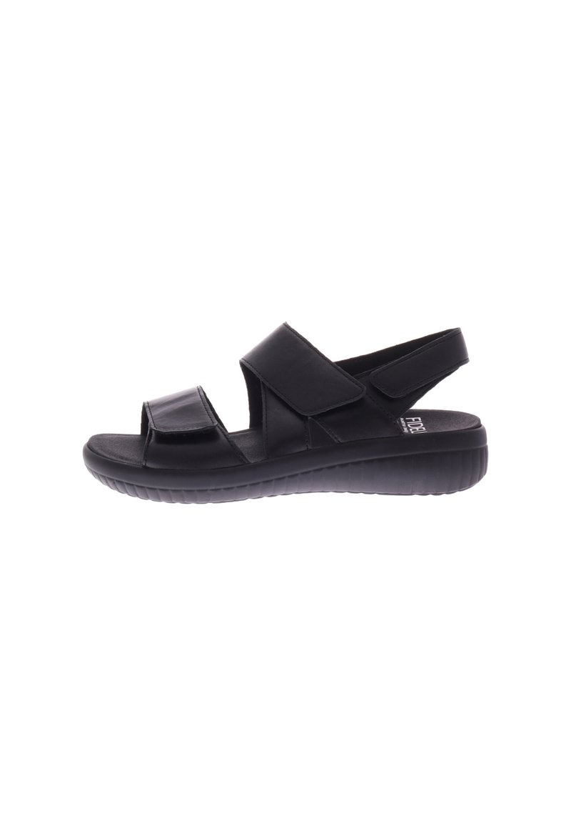 Black sandals with a smooth synthetic upper, two adjustable straps, an open toe, and a cushioned sole for comfort. Lightweight design.