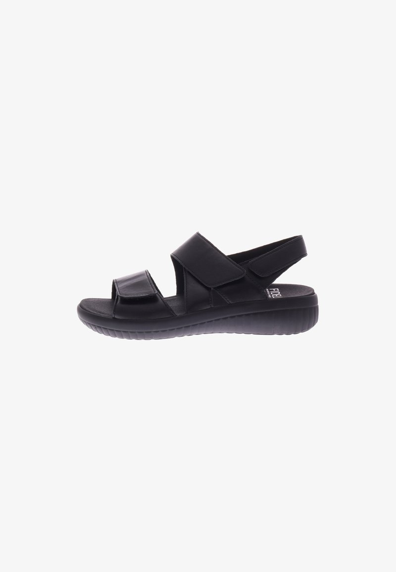 Black sandals with a smooth synthetic upper, two adjustable straps, an open toe, and a cushioned sole for comfort. Lightweight design.