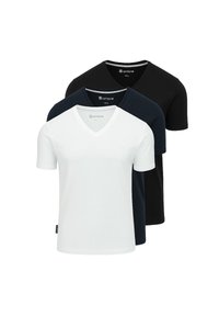Tre v-hals t-shirts: en hvid, en marineblå, en sort. Lavet af bomuld, med korte ærmer og et logo på nakkeetiketten.