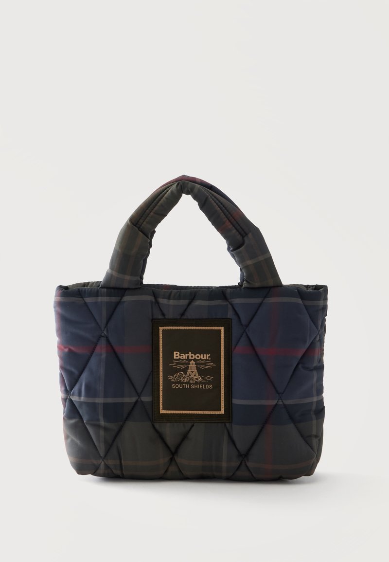 Малка шита чанта в тъмен каре с подплатени дръжки и етикет Barbour South Shields на предния централен панел.
