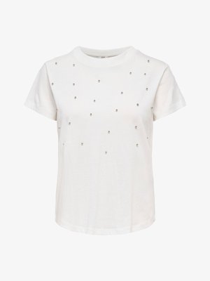 T-shirt bianca a maniche corte con piccoli borchie metalliche sparse sul davanti e scollo rotondo.