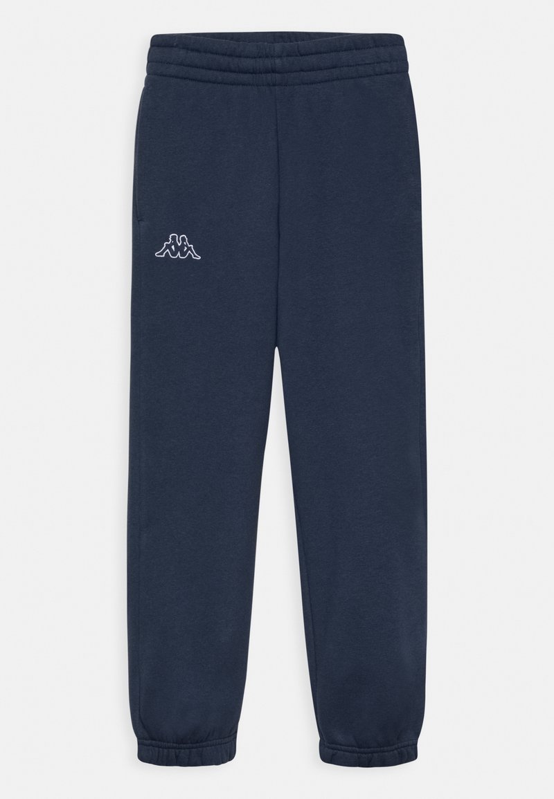 Tummansinisten collegehousujen joustava vyötärö ja hihansuut. Ylävasemmalla puolella on huomaamaton valkoinen logo. Valmistettu pehmeästä kankaasta.