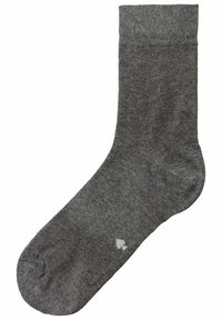 Graue Baumwollsocke mit glatter Textur, mittellange Wadenlänge, verstärkte Ferse und einem kleinen weißen Herzmuster im Zehenbereich.