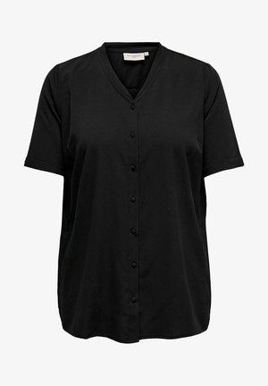 Zwarte blouse met korte mouwen en een V-hals, knoopsluiting aan de voorkant en zachte, gladde stof. Geen patronen of opvallende accenten.