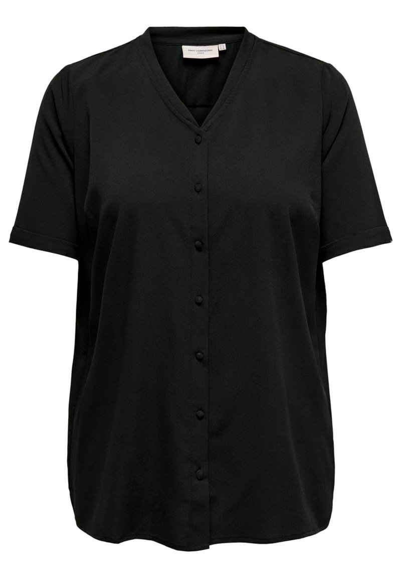 Blusa nera a maniche corte con scollo a V, chiusura con bottoni davanti e tessuto morbido e liscio. Nessun motivo o dettagli evidenti.