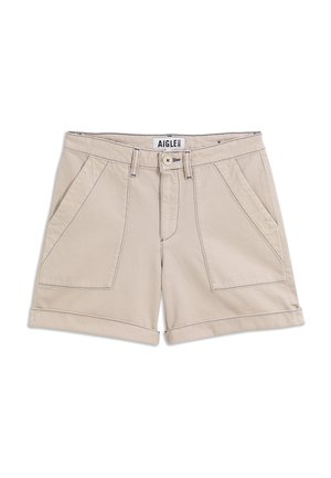 Beige katoenen shorts met voorzakken met klep, riemlussen, knoopsluiting en omgeslagen zomen, voorzien van een Aigle-label op de tailleband.