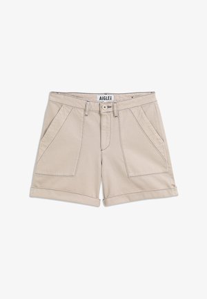 Beige katoenen shorts met voorzakken met klep, riemlussen, knoopsluiting en omgeslagen zomen, voorzien van een Aigle-label op de tailleband.