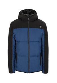 Gefütterte Jacke mit blauem Körper und schwarzen Ärmeln, Kapuze und Kragen; Reißverschluss vorne mit Seitentaschen und kontrastierenden Texturen.