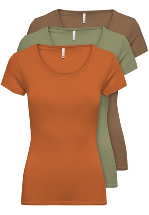 Set of three short-sleeve t-shirts in orange, olive green, and brown. Soft cotton material with rounded necklines and standard fit.