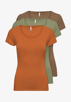 Set of three short-sleeve t-shirts in orange, olive green, and brown. Soft cotton material with rounded necklines and standard fit.