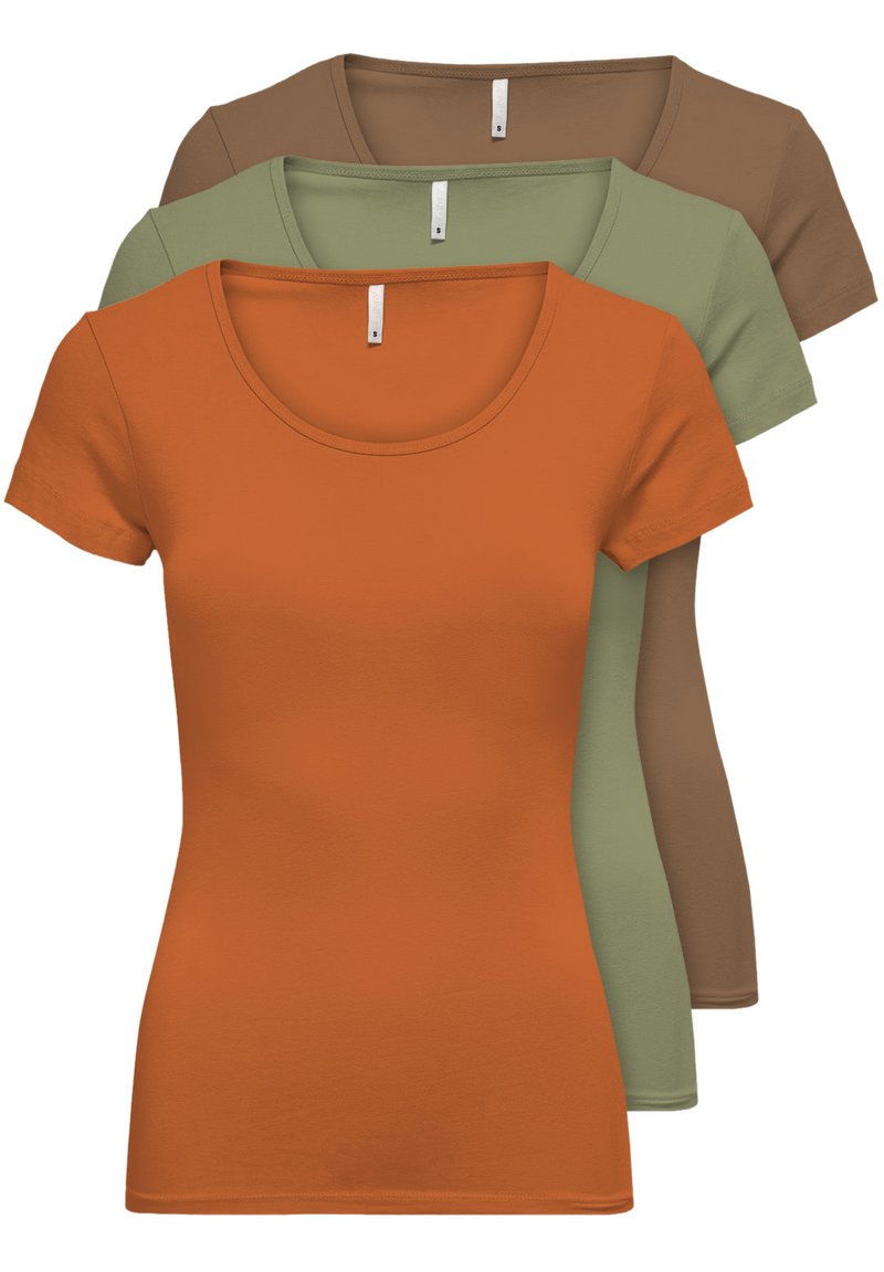 Set of three short-sleeve t-shirts in orange, olive green, and brown. Soft cotton material with rounded necklines and standard fit.