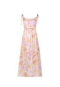 Robe maxi florale à bretelles spaghetti, présentant une palette de couleurs pastel composée de rose, jaune et orange, taille froncée et texture de tissu douce.