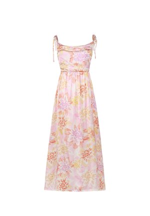 Blumen-Maxi-Kleid mit Spaghettiträgern, das eine pastellfarbene Palette aus Pink, Gelb und Orange aufweist, mit gerafftem Taillenbereich und weichem Stoff.