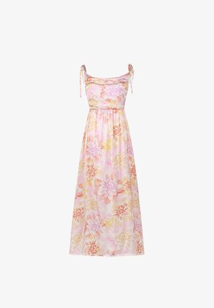Blumen-Maxi-Kleid mit Spaghettiträgern, das eine pastellfarbene Palette aus Pink, Gelb und Orange aufweist, mit gerafftem Taillenbereich und weichem Stoff.