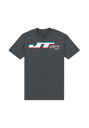 Grå bomulds t-shirt med et markant hvidt, blåt og rødt 'JT Racing' logo hen over brystet, korte ærmer og rund halsudskæring.